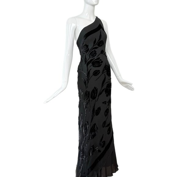 PAMELA DENNIS Vintage Black Silk Asymmetrical Evening Gown Maxi Dress Floral - Picture 4 of 10